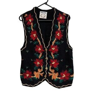 Vintage‎ Erika Hand Knit Black Poinsettia Christmas Sweater Vest Womens Size L